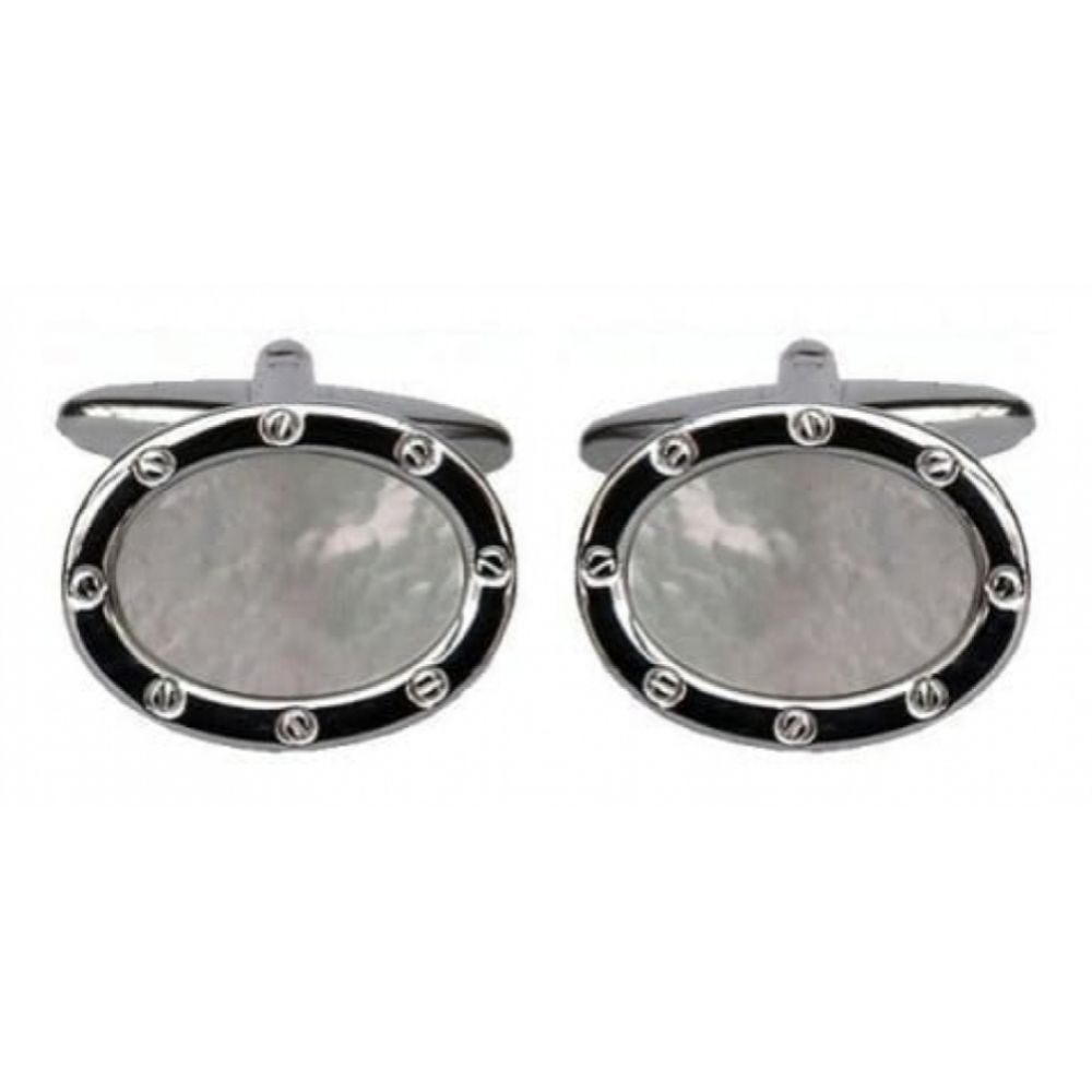 Gents Oval Rhodium Mother Of Pearl Cufflinks