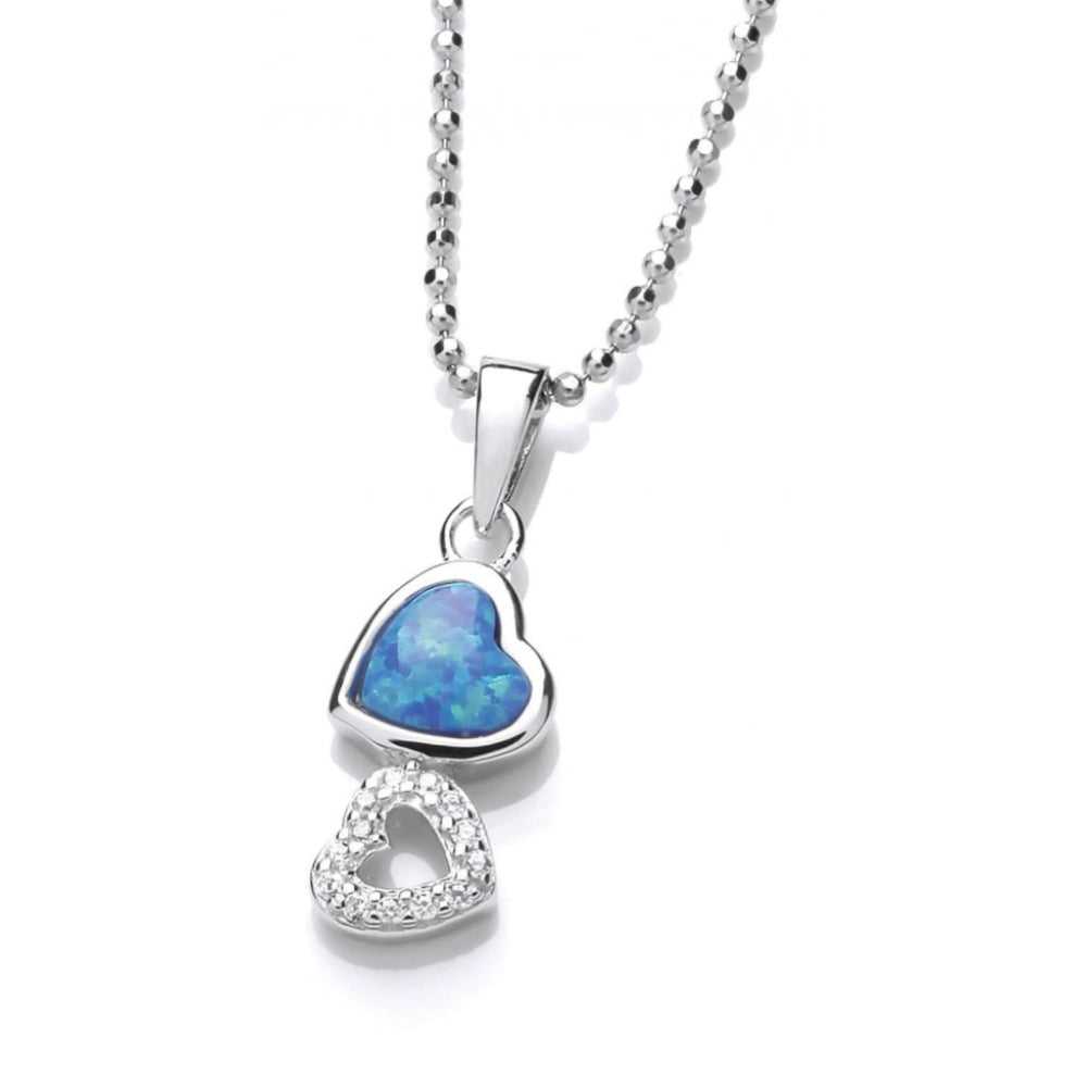 Silver CZ & Blue Opalique Double Heart Pendant & Chain