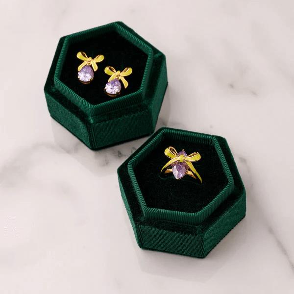 Amelia Bow Studs In Lime Enamel, Lilac CZ Teardrop & Gold