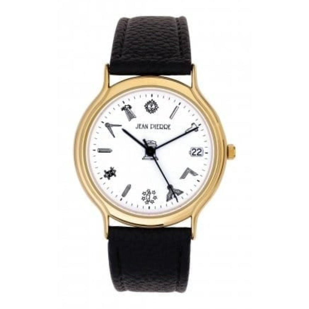 Gents Masonic Gold Plated Black Leather Wristwatch