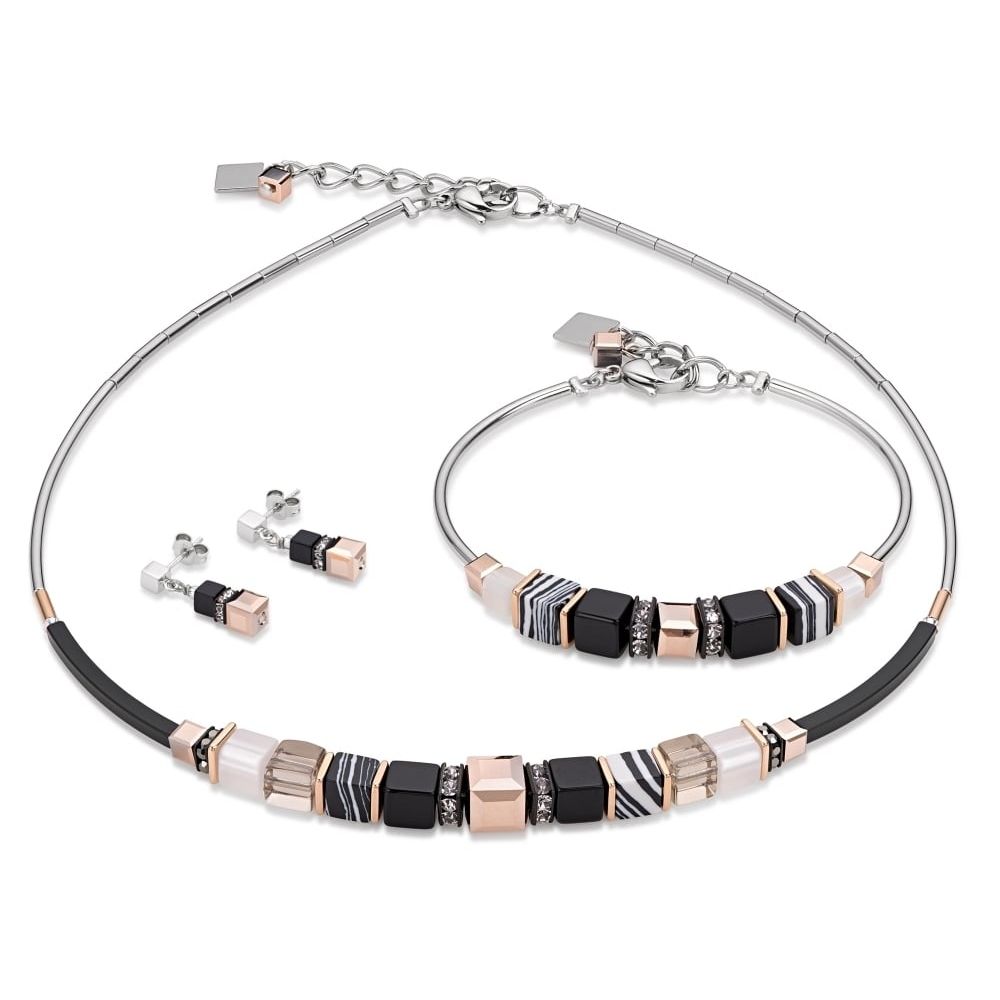 Black/Gold/ Striped Geo Cube Bracelet, Earrings and Necklace