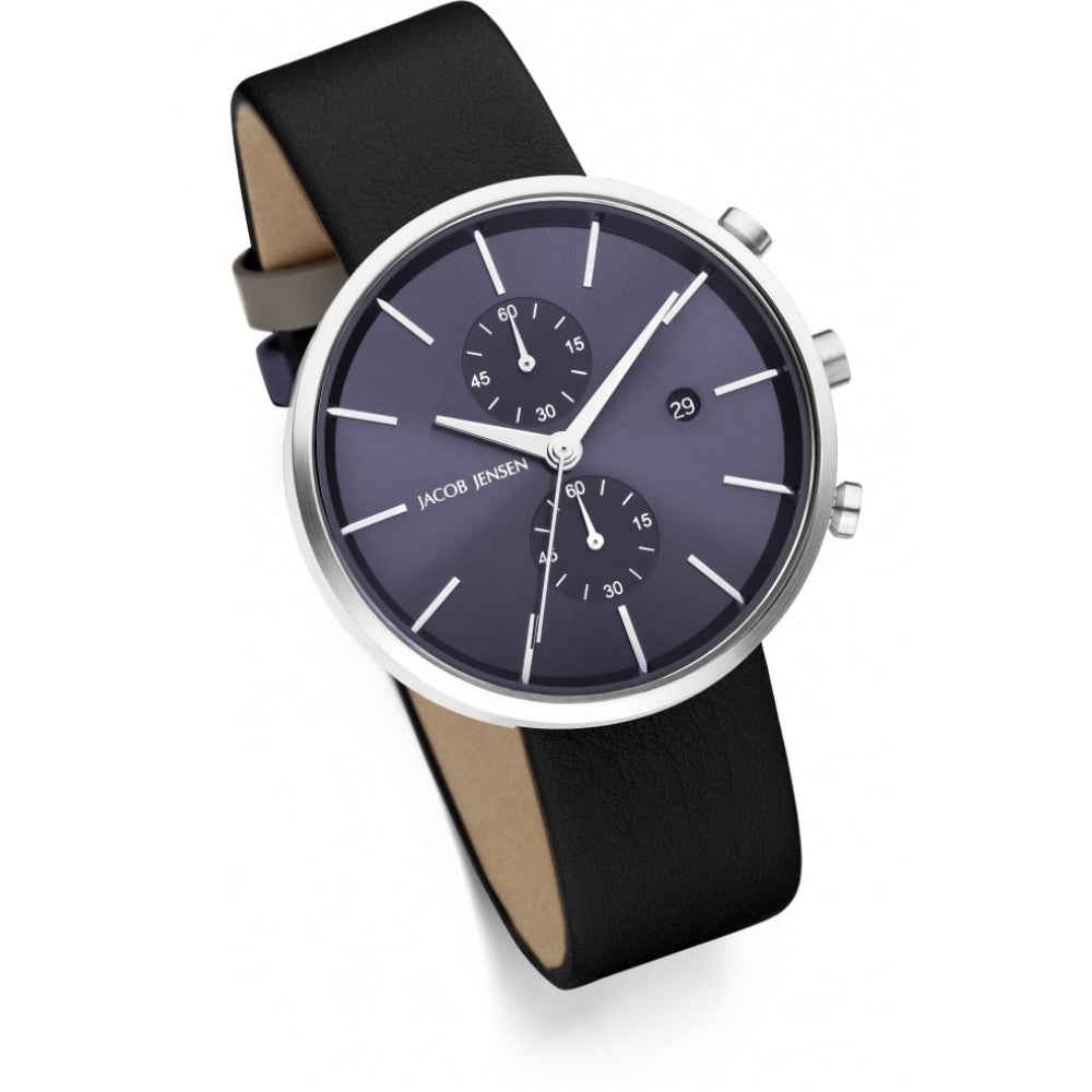 Stainless Steel Blue Dial & Black Leather Strap Chronograph Gents Watch