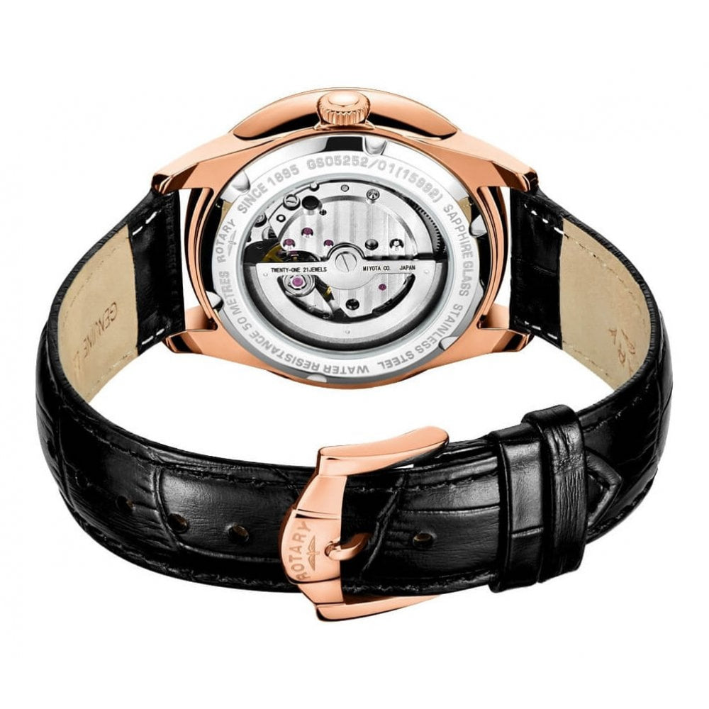 Rose Gold Tone Stainless Steel Case White Dial & Black Leather Strap Gents Cambridge Automatic Watch