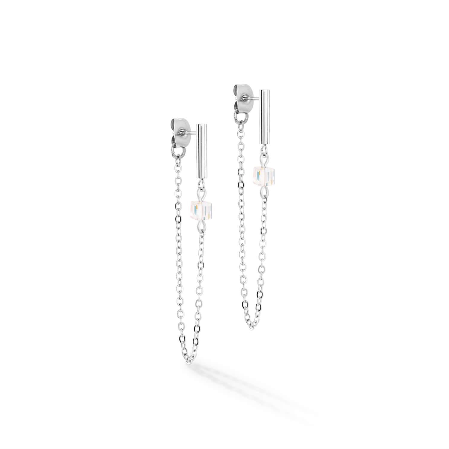 Mini Cubes & Chain Earrings In White-Silver