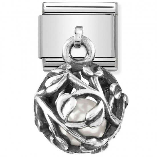 Composable Classic Charms Round Cages Leaves White Pearl Link