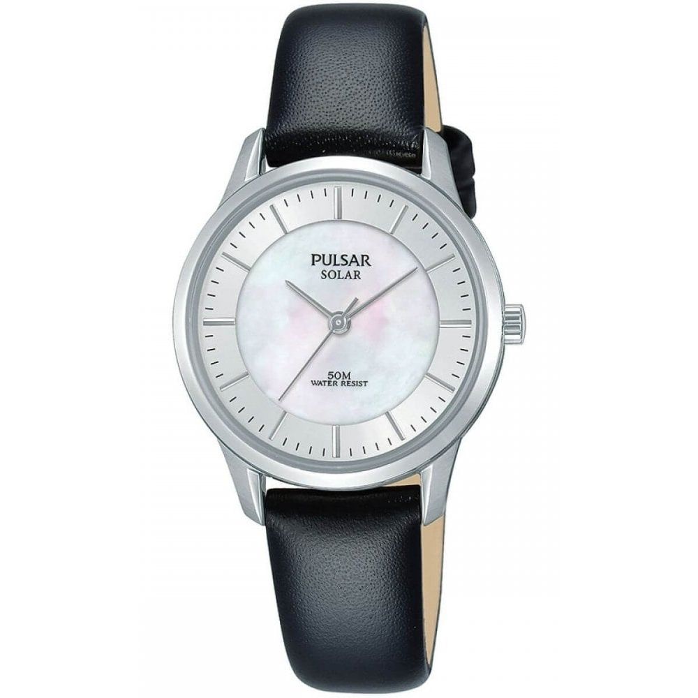 Stainless Steel Case With White MOP Dial & Black Leather Strap Solar Powered Ladies Watch