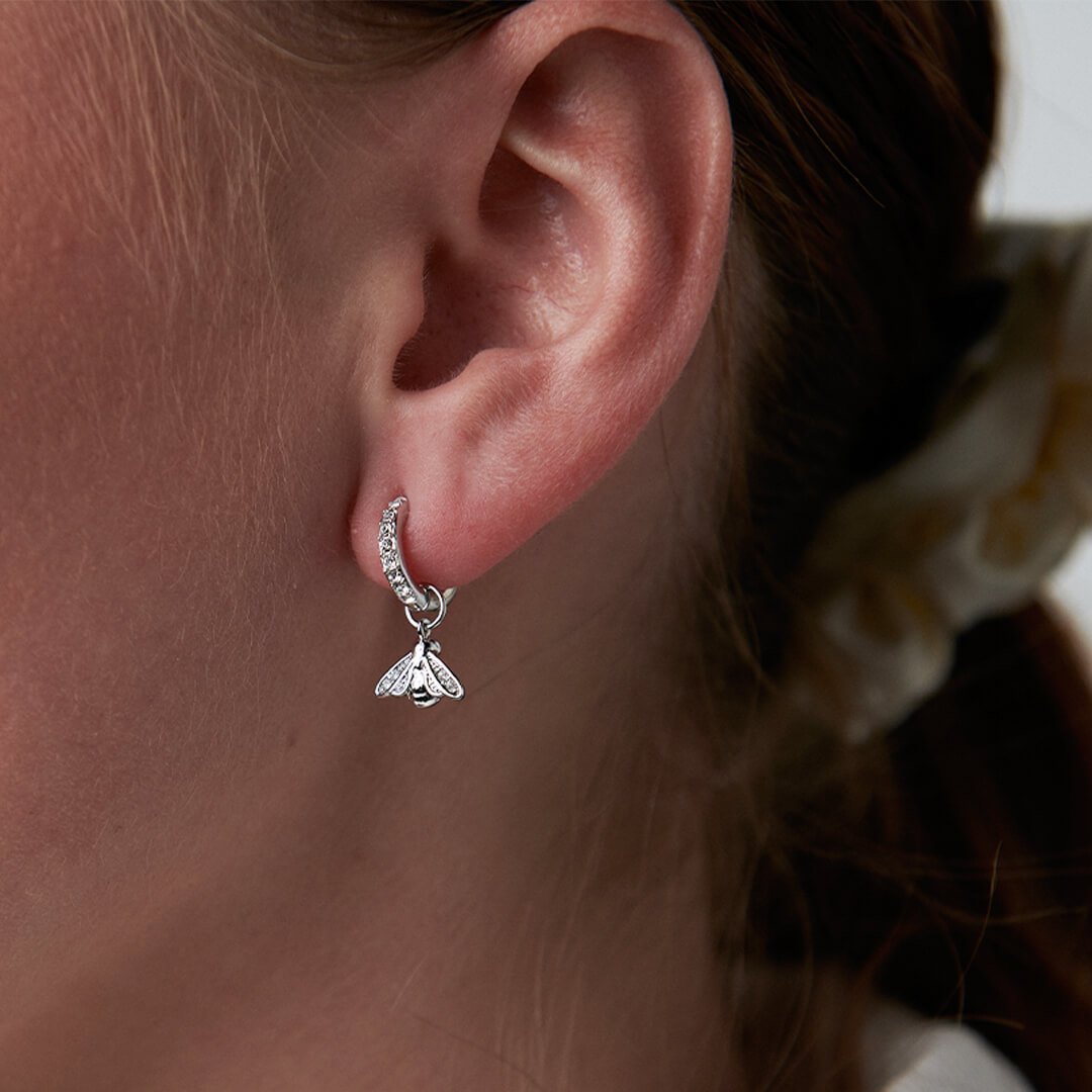 Classics Rhodium Plated Glitter Bee Hoop Earrings