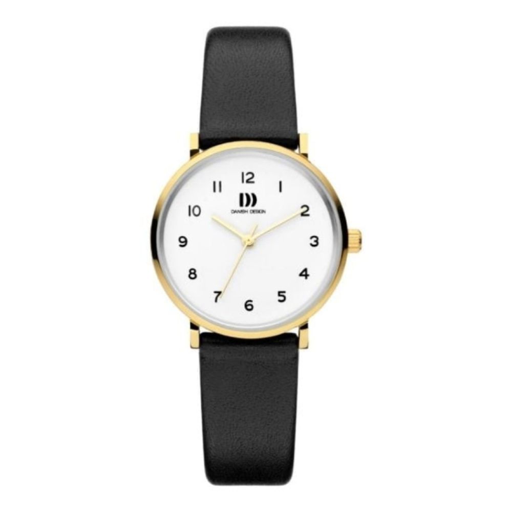 Danish Design Ladies Gold Stainless Steel Black Leather Strap Watch
