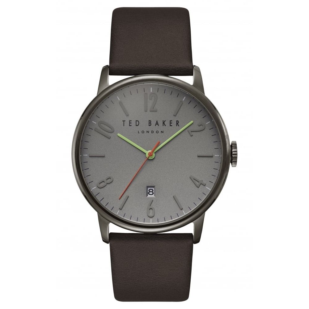 Mens IP Stainless Steel Case & Grey Dial With Brown Leather Strap Watch