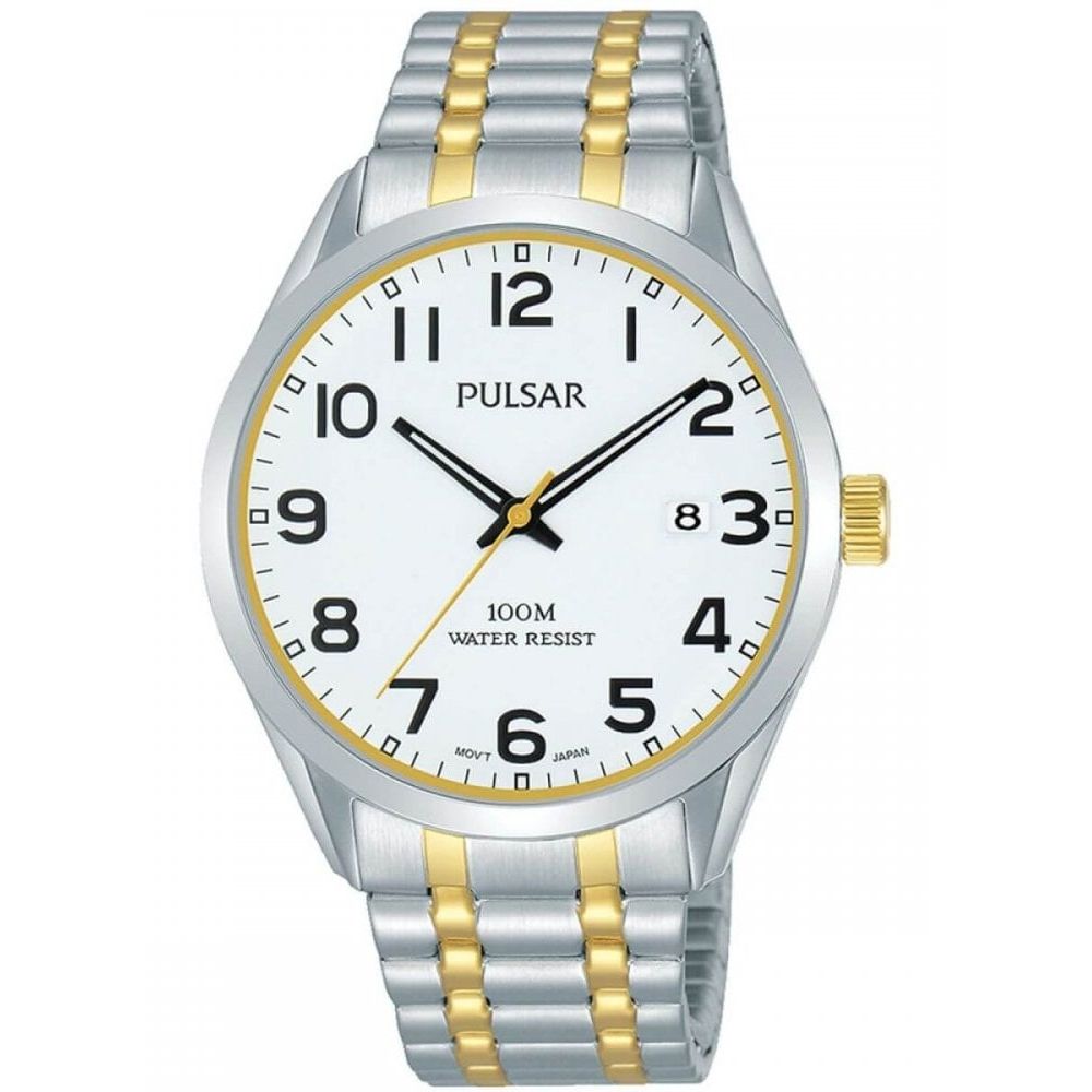Two Tone Expandable Bracelet Strap & Case With White Date Display Dial Gents Watch