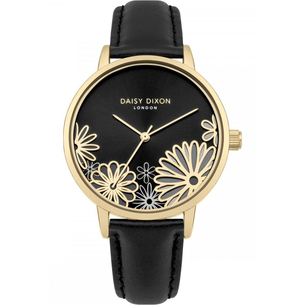 Black Leather Strap With Black & Gold Flower Printed Dial Ladies Watch