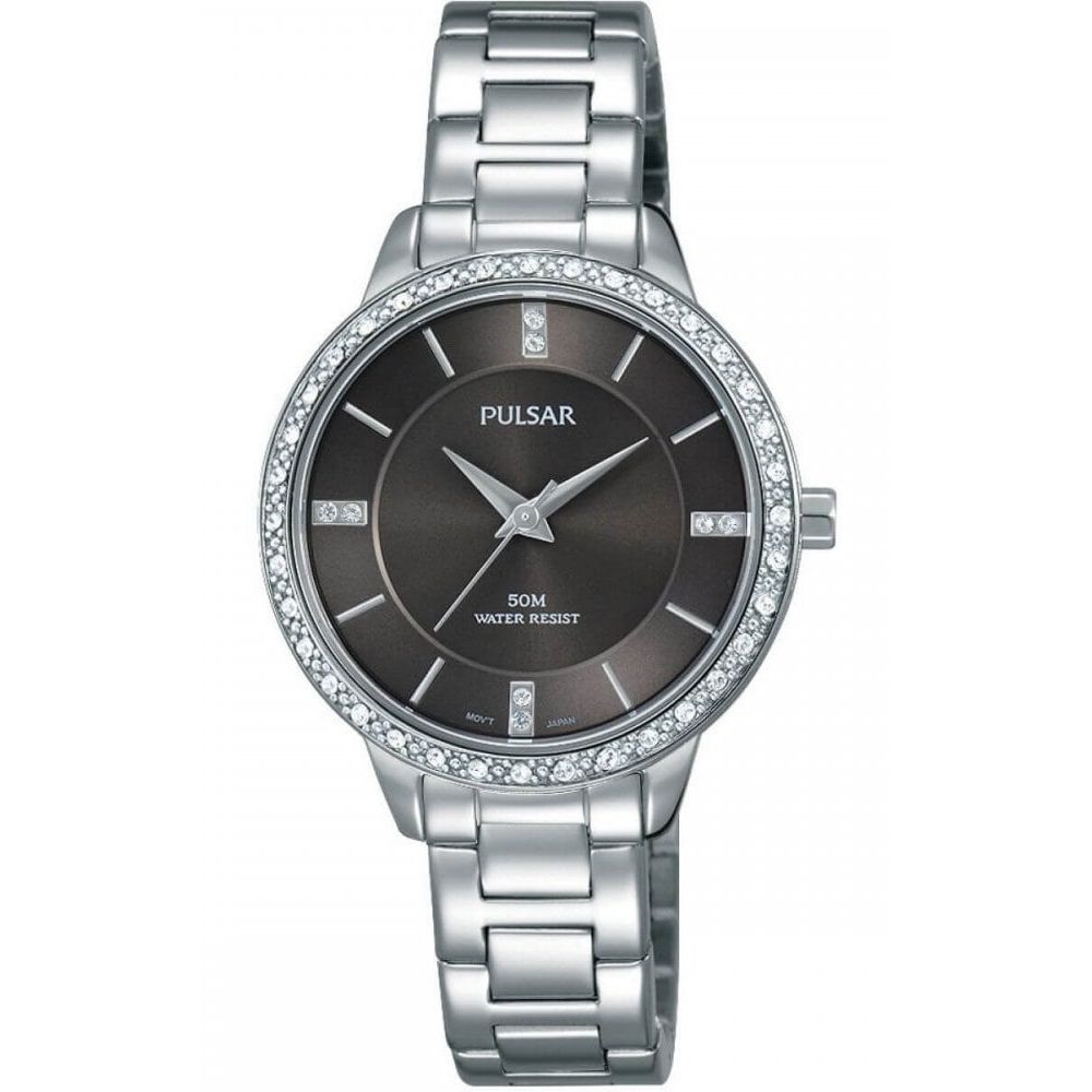 Stainless Steel Bracelet Strap & Round Stone Case With Black Dial Ladies Watch