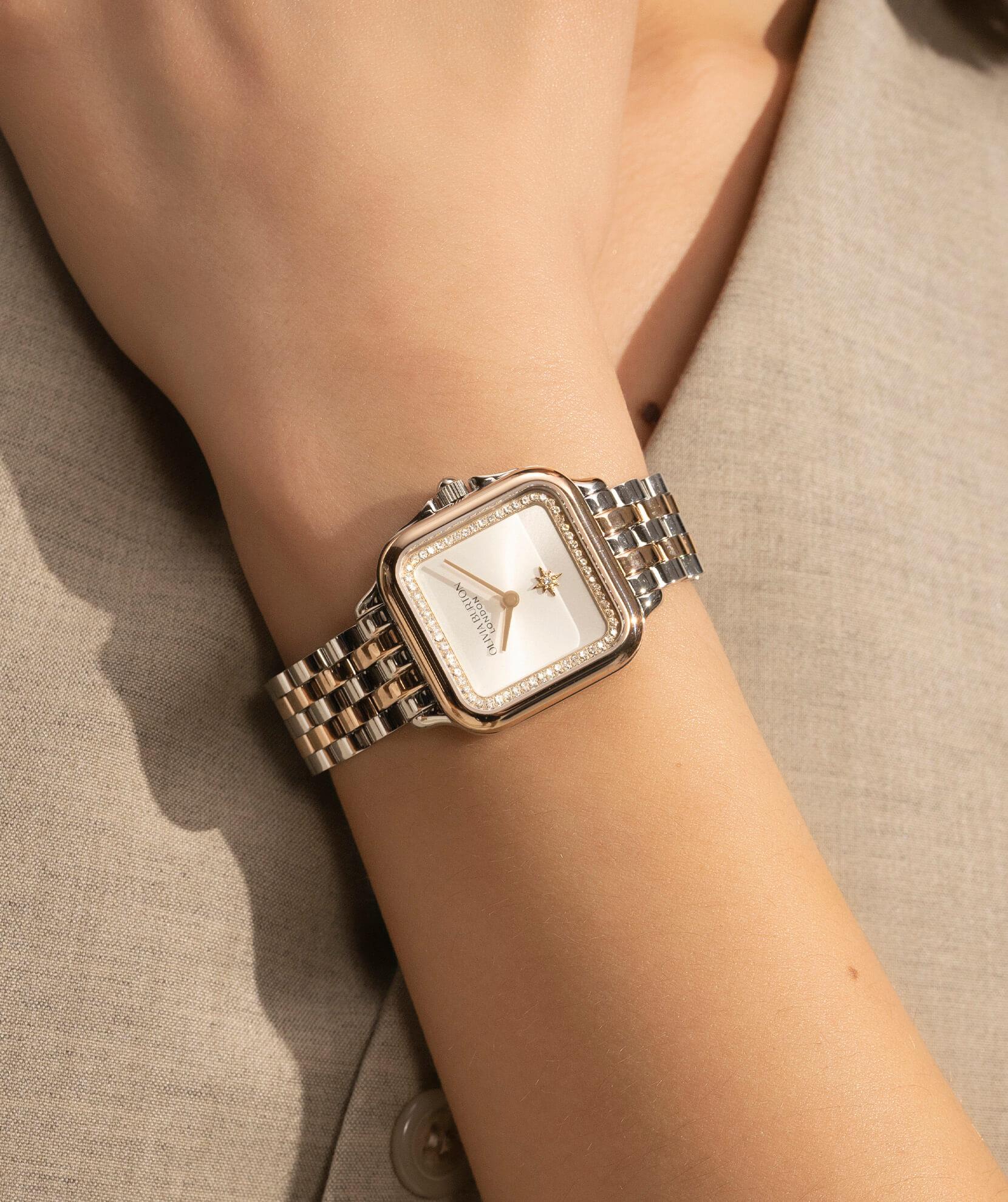 Grosvenor White Square Dial With Two Tone Bracelet Strap Ladies Watch