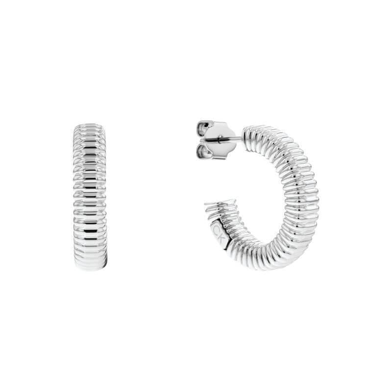 Playful Repetition Silver Tone Ribbed Texture Open Hoop Earrings