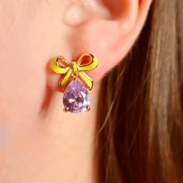 Amelia Bow Studs In Lime Enamel, Lilac CZ Teardrop & Gold