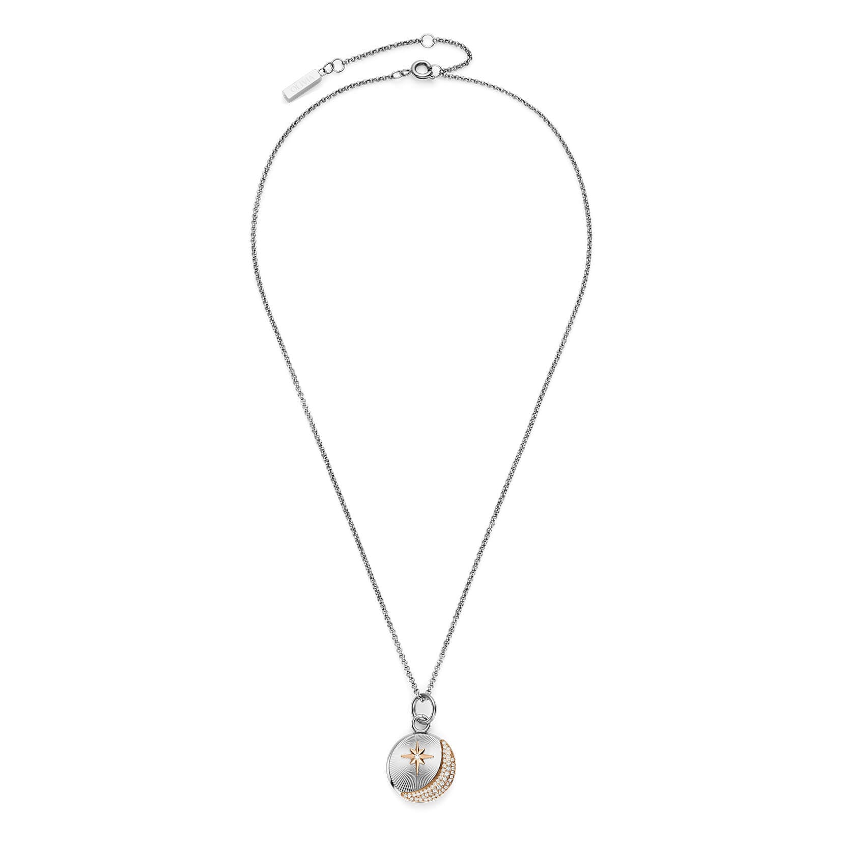 Signature Celestial Star and Moon Silver Tone Pendant Necklace