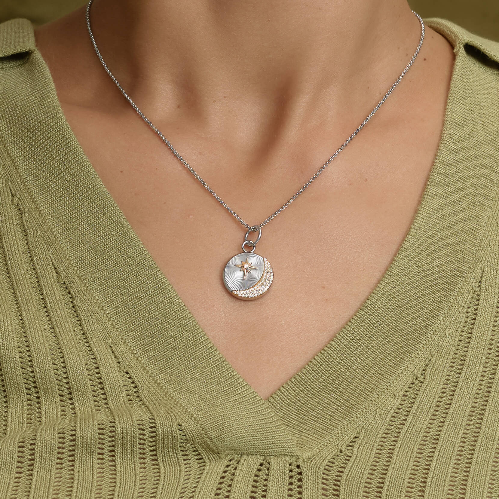 Signature Celestial Star and Moon Silver Tone Pendant Necklace