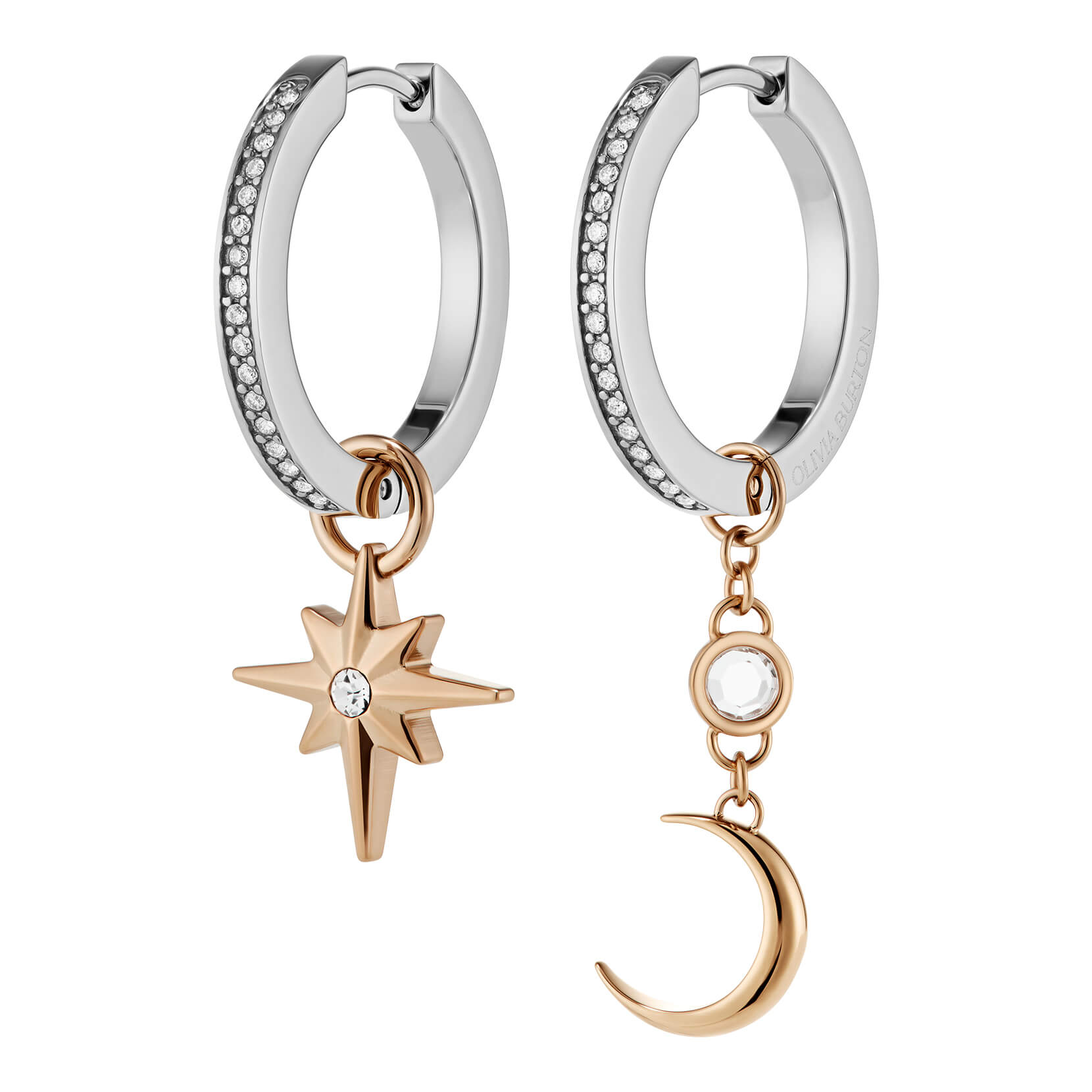 Signature Celestial Star and Moon Silver Tone Huggie Earrings