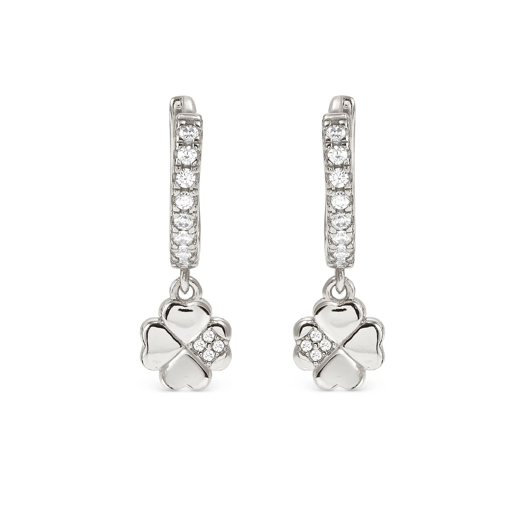 Petit Sparkle Silver Earrings With Four Leaf Clover CZ Hoops