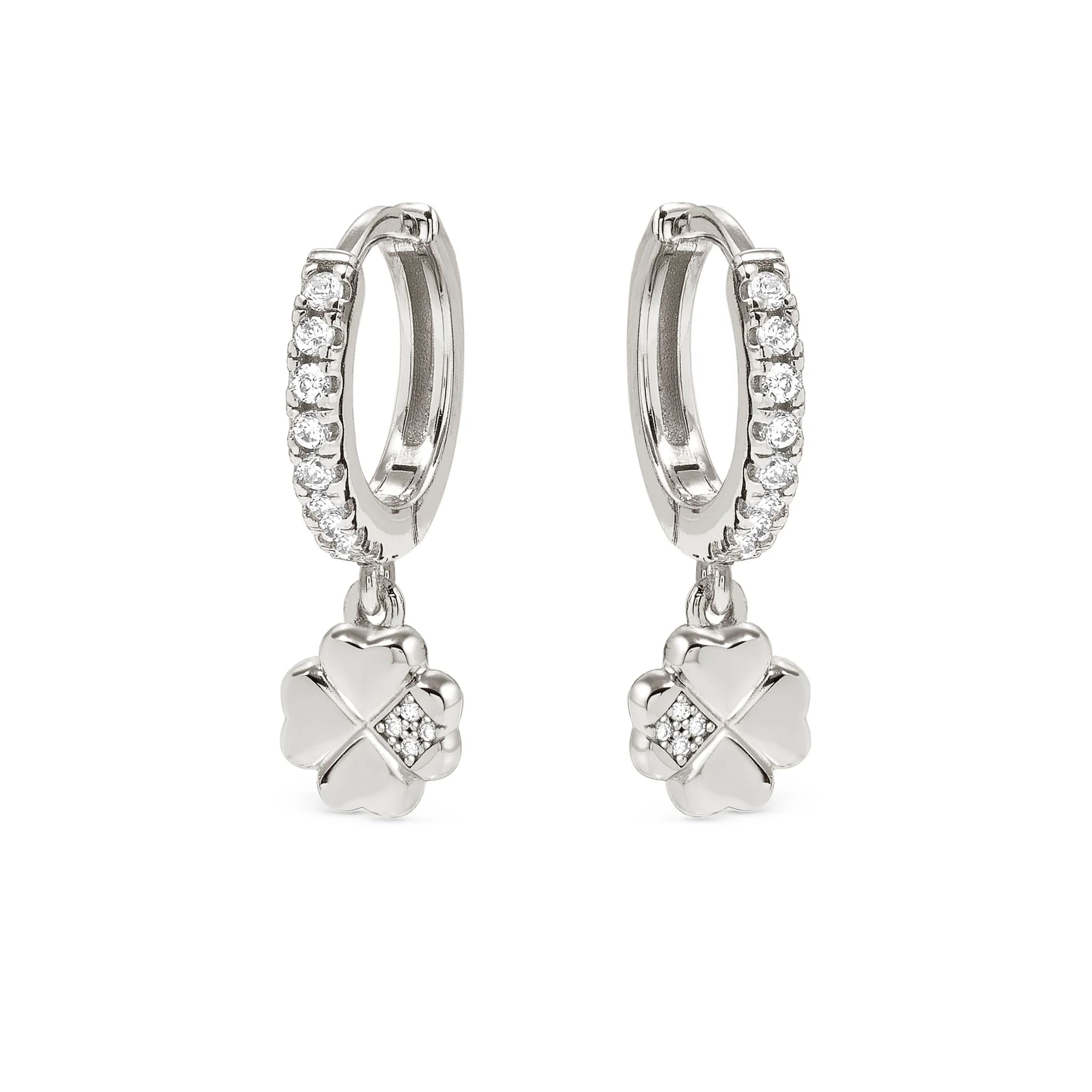 Petit Sparkle Silver Earrings With Four Leaf Clover CZ Hoops