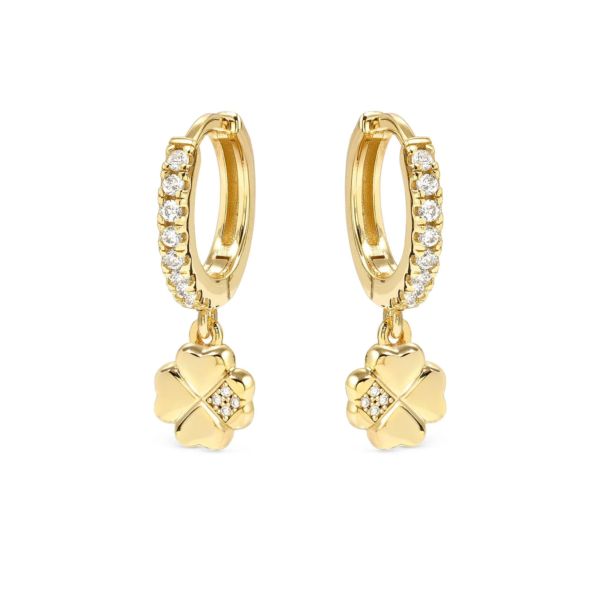 Petit Sparkle Gold Plated Earrings With Four Leaf Clover CZ Hoops
