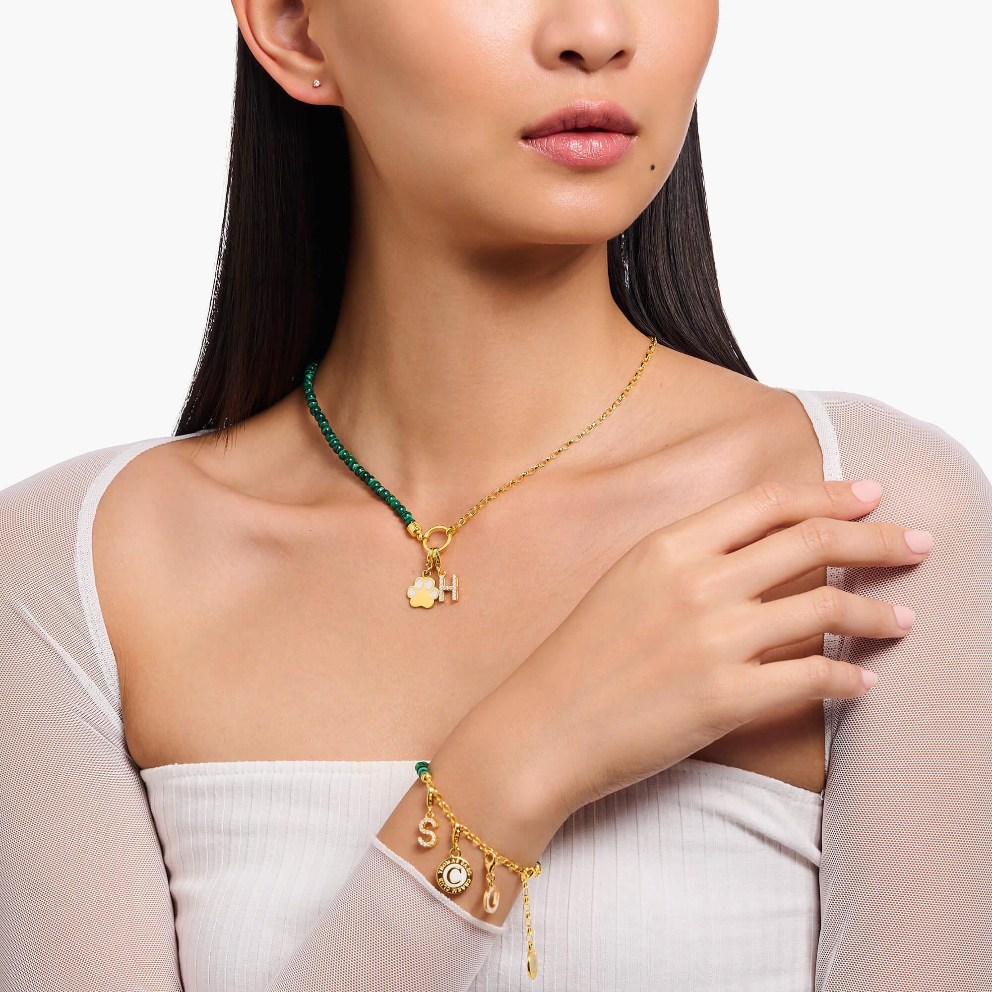 Gold Plated Member Charm Necklace With Green Beads & Charmista Disc