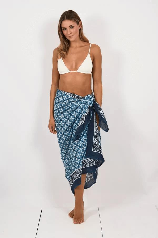 Hand Printed Cotton Sarong Tiles Blue