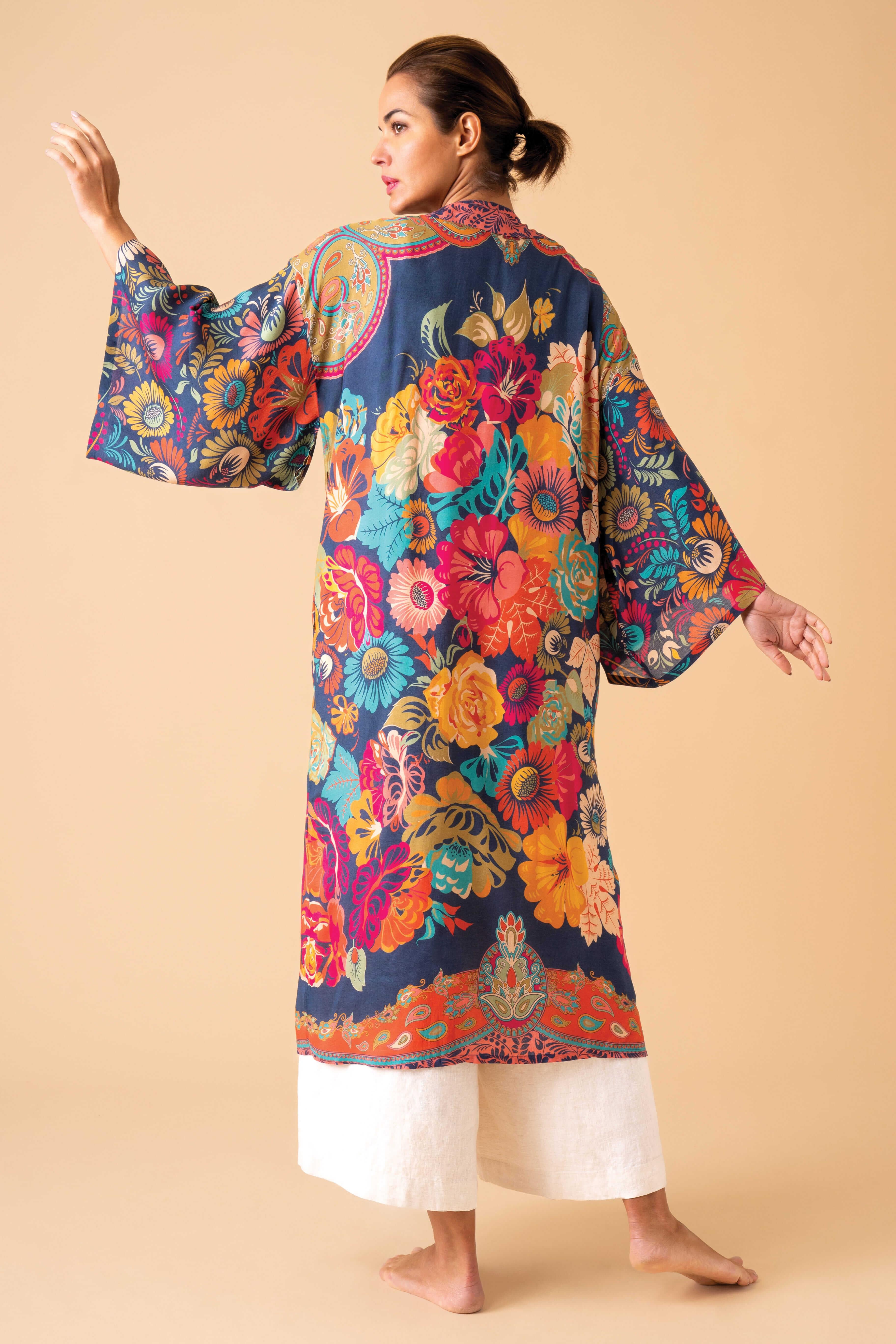 Vintage Floral Kimono Gown- Ink