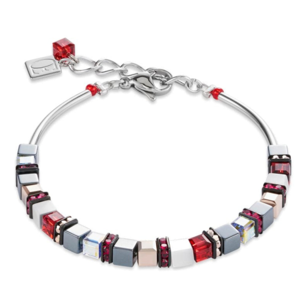 Red Geo Cube Bracelet With Small Haematite & Swarovski Crystals
