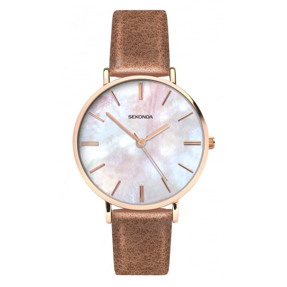 Rose Gold White MOP Dial With PU Leather Strap Ladies Watch