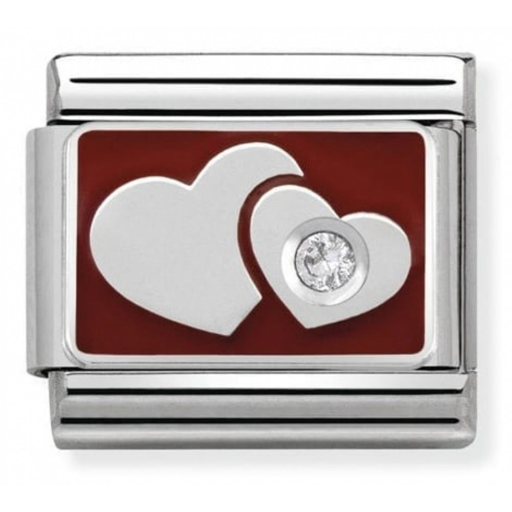 Classic Double White Heart In Steel, Enamel, 1 Cubic Zirconia & 925 Silver Charm