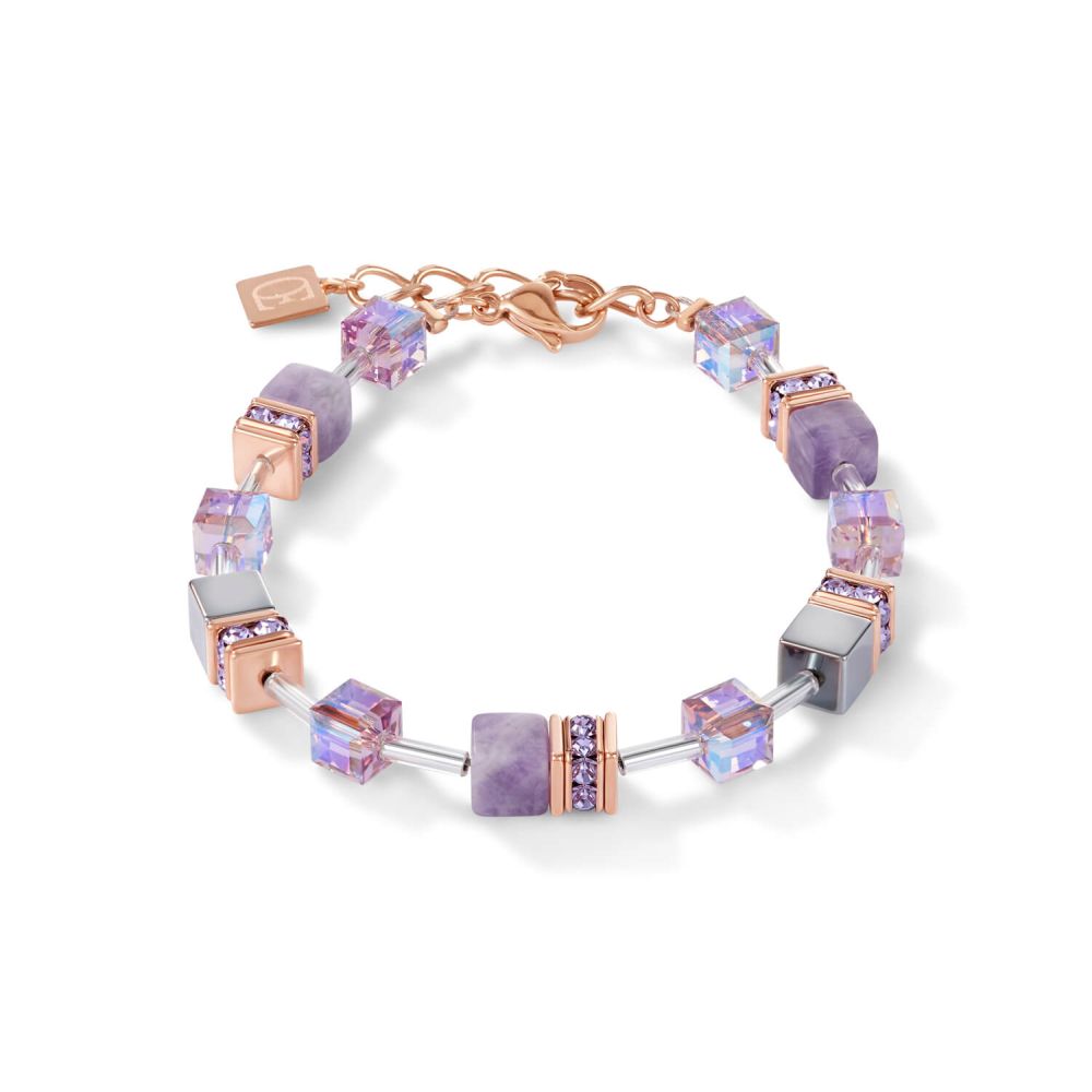 Light Amethyst & Haematite Lilac Geo Cube Rose Gold Bracelet