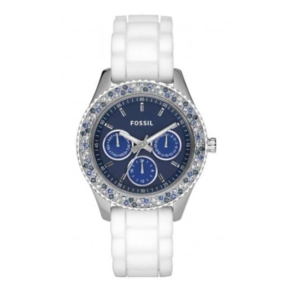 Ladies Blue & Silver Crystalised White Rubber Strap Watch
