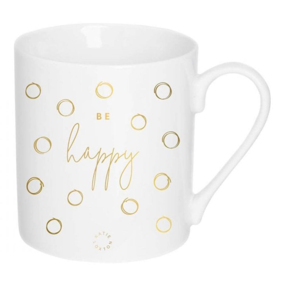 Gift Boxed Mug | Be Happy | White/Gold | 9.3 X 8.3 Cm