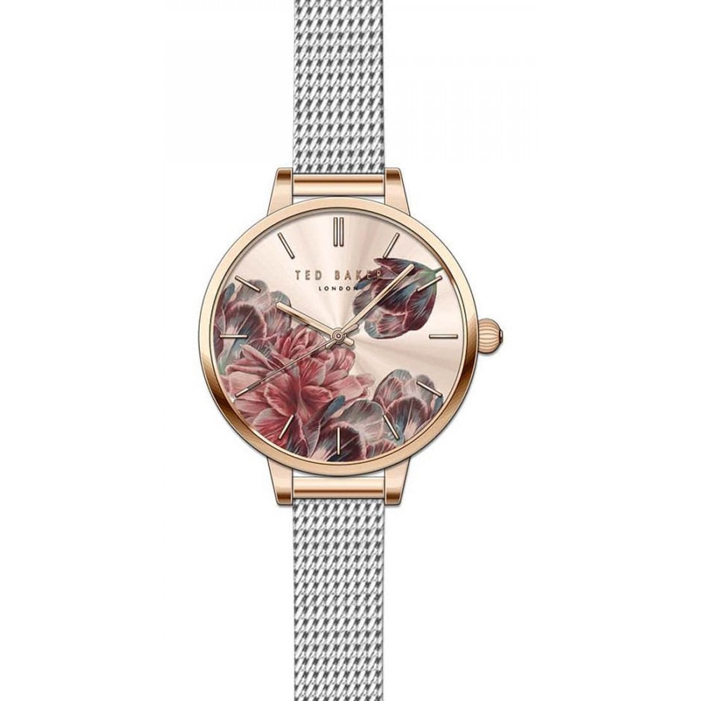 Ladies Floral Dial Silver Mesh Bracelet Watch