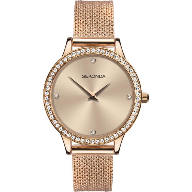 Rose Gold Plated Stone Set Dial & Mesh Bracelet Strap Ladies Watch