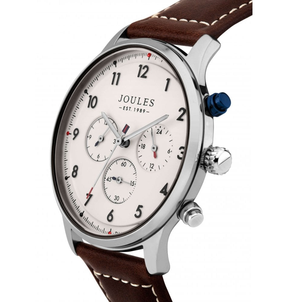 Brown Leather Strap Cream Multi Dial Gents Watch