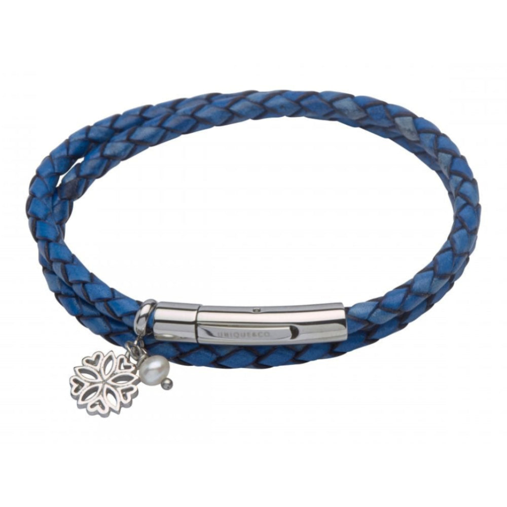 Blue Leather Bracelet-Steel Clasp-Flower-Pearl