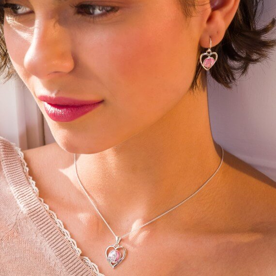 Mackintosh Heart With Pink MOP Rose Pendant Necklace