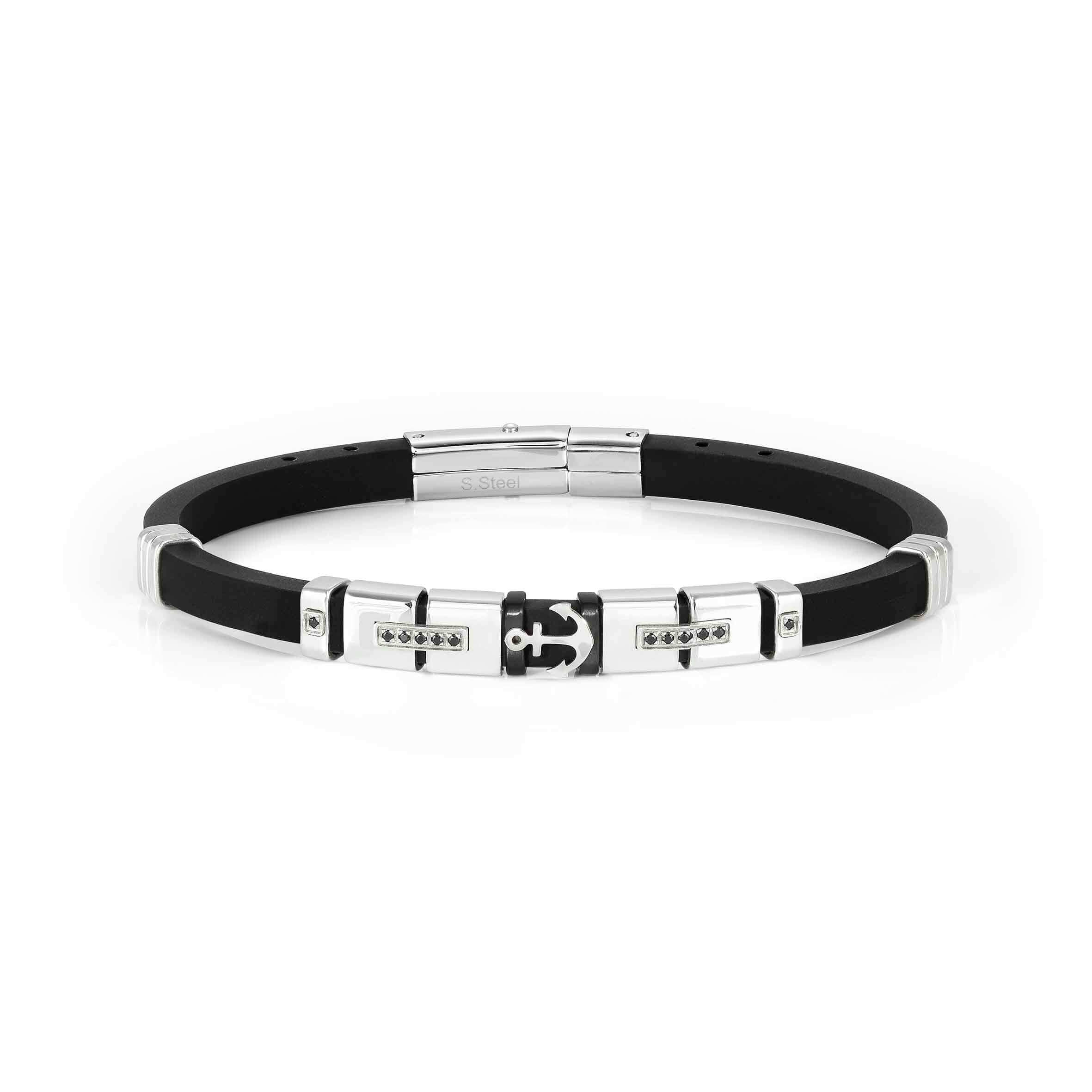 City Bracelet In Silicone With Silver Anchor & Black CZ