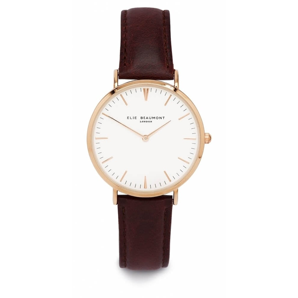 Black Leather Rose Plated Watch with White Dial