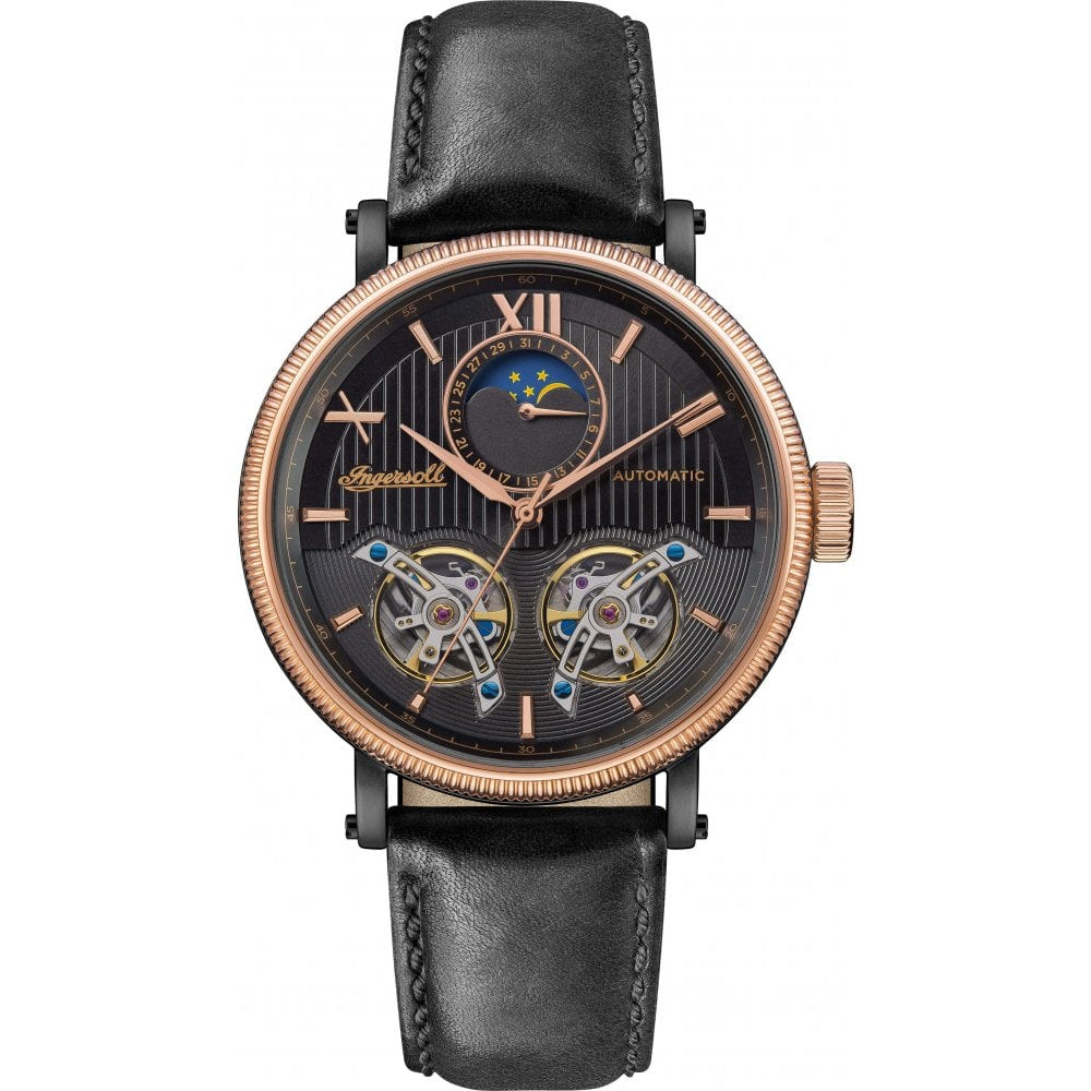 Mens The Hollywood Automatic Watch with Black Dial and Black Leather Strap