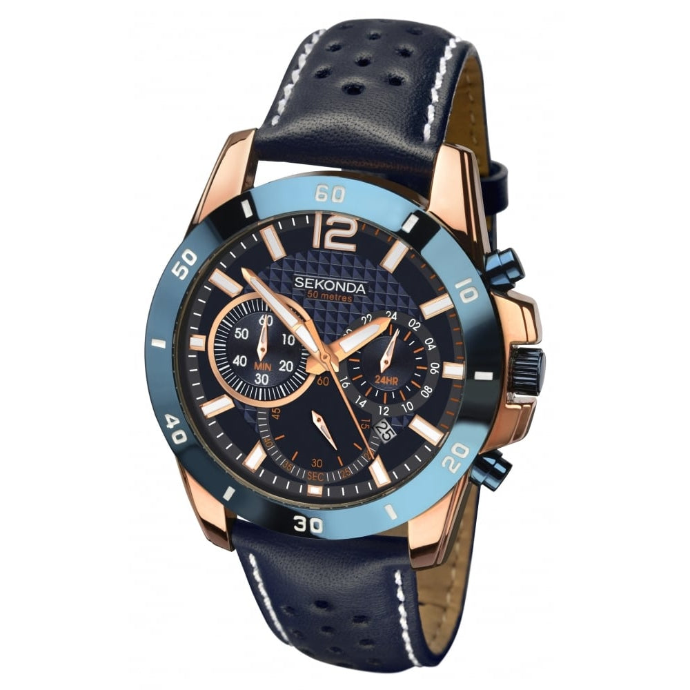 Rose Gold Plated Blue Dial & Black Leather Strap Gents Chronograph Watch