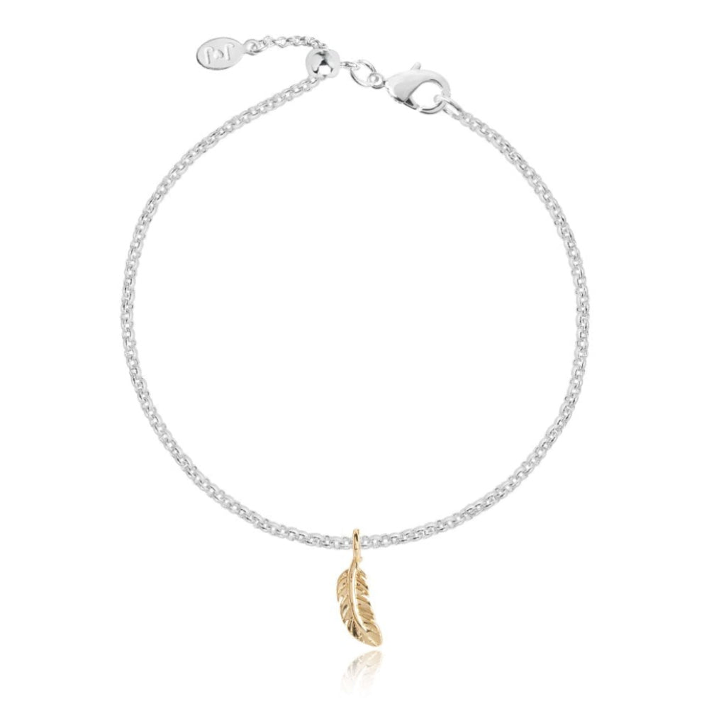 WISH Bracelet - Feather Bracelet - Yellow Gold Charm - Silver Chain - Bracelet - 19cm Adjustable