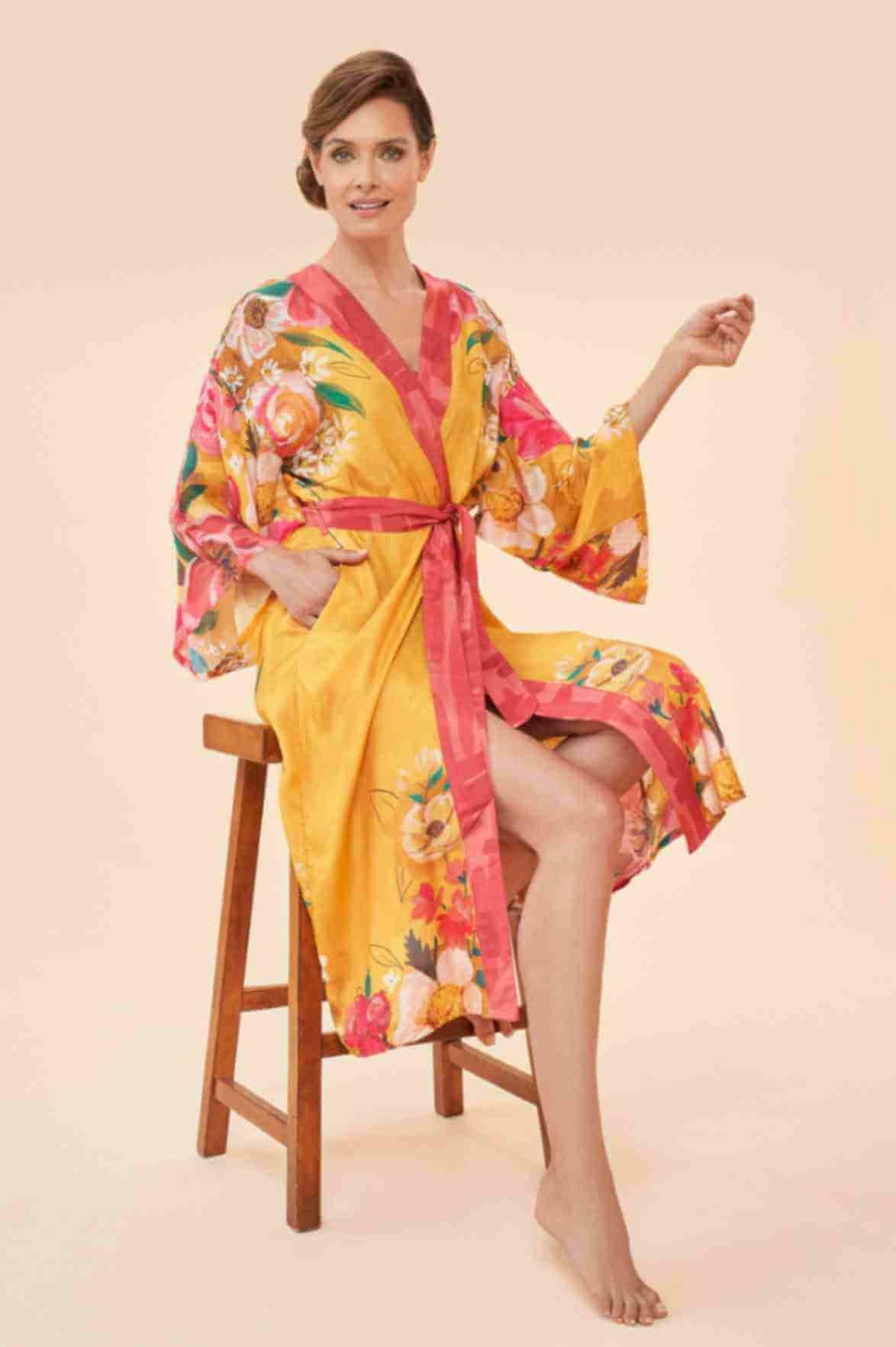 Impressionist Floral Kimono Gown - Mustard