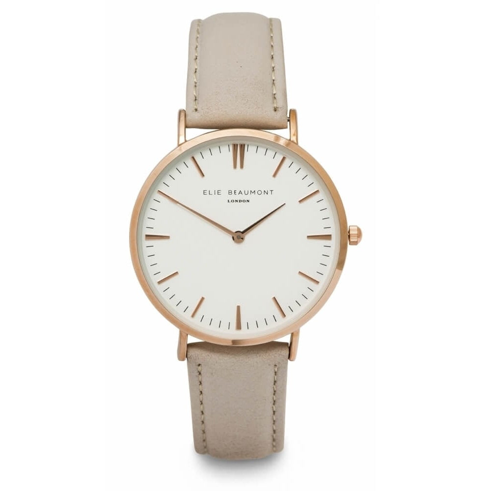 Stone Leather Rose Plated Watch with White Dial