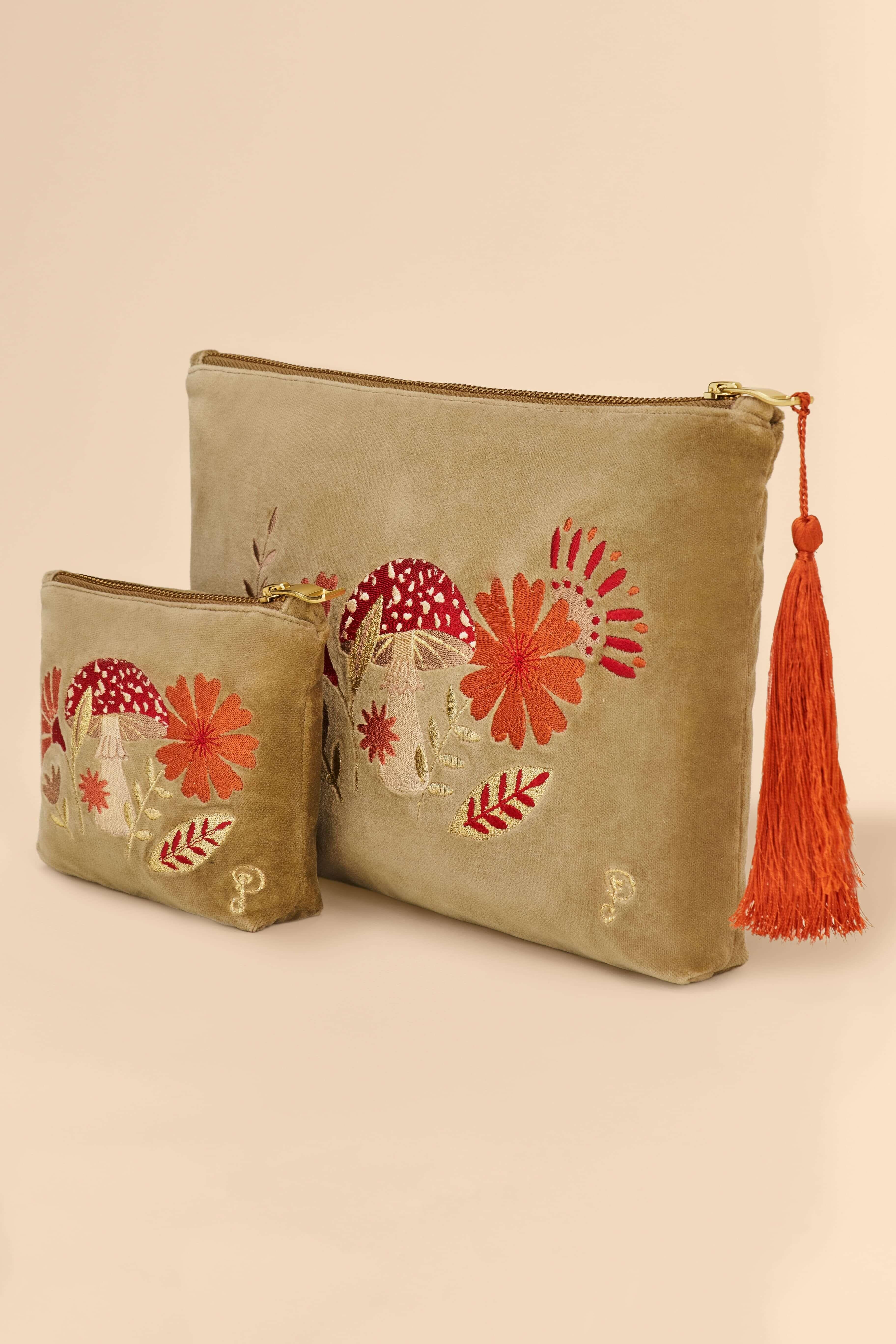 Velvet Embroidered Zip Pouch - Tranquil Toadstool, Sage