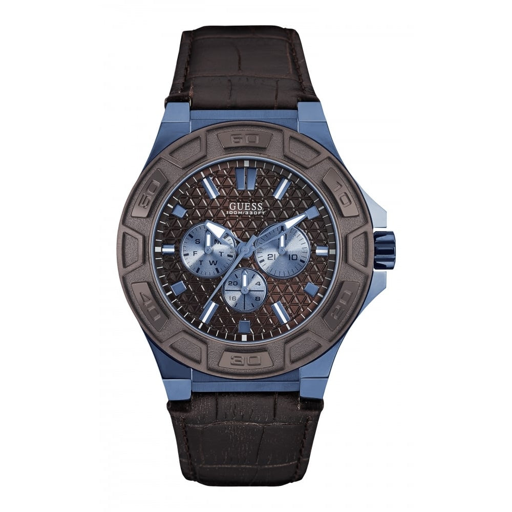 Gents Blue Circle Stainless Steel Dial Brown Strap Watch