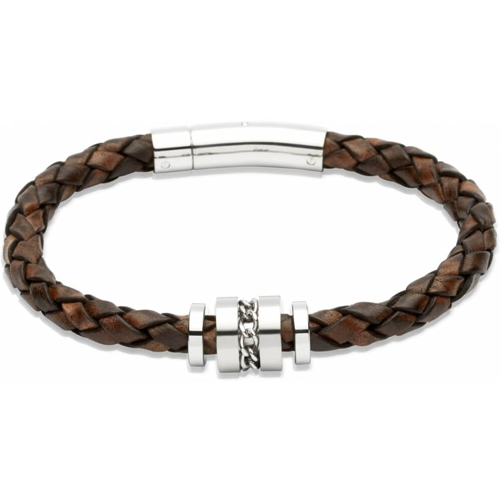 Antique Dark Brown Leather Bracelet with Steel Elements