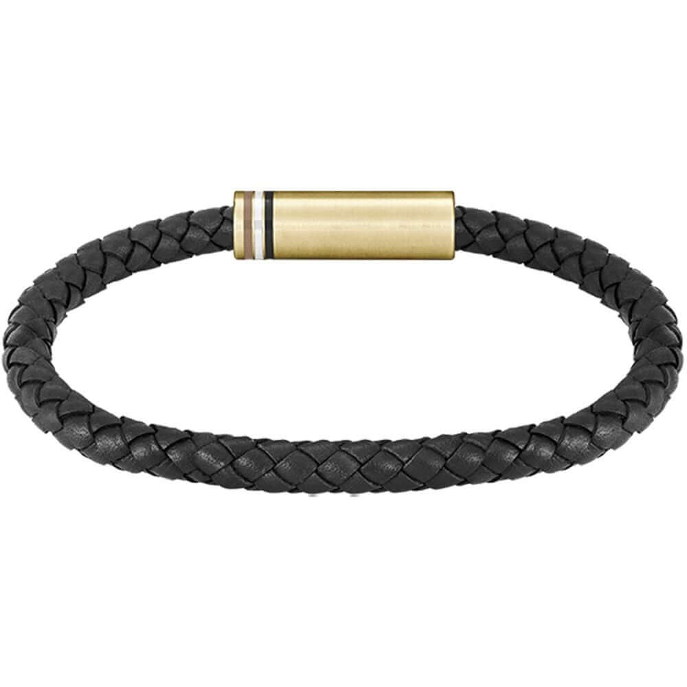 Ares Braided Black Leather Gold Tone Clasp Gents Bracelet